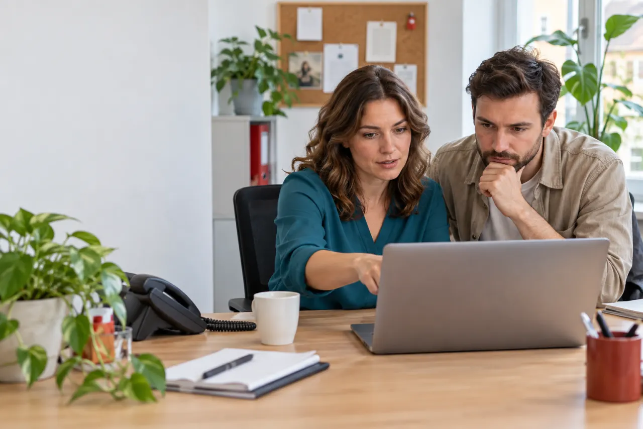 Ein kleines Team bespricht Anfragen im Büro