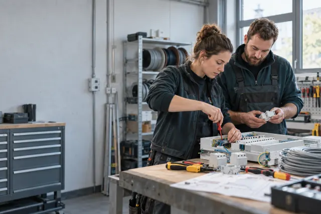 Zwei Fachkräfte bei der Arbeit in einer Elektrowerkstatt