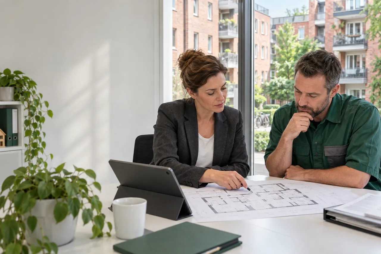 Hausverwaltung und Hausmeister besprechen einen Gebäudeplan