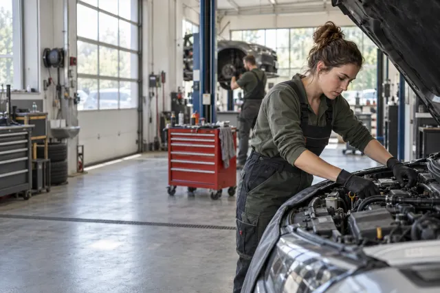 Mechanikerin bei der Arbeit an einem Fahrzeug