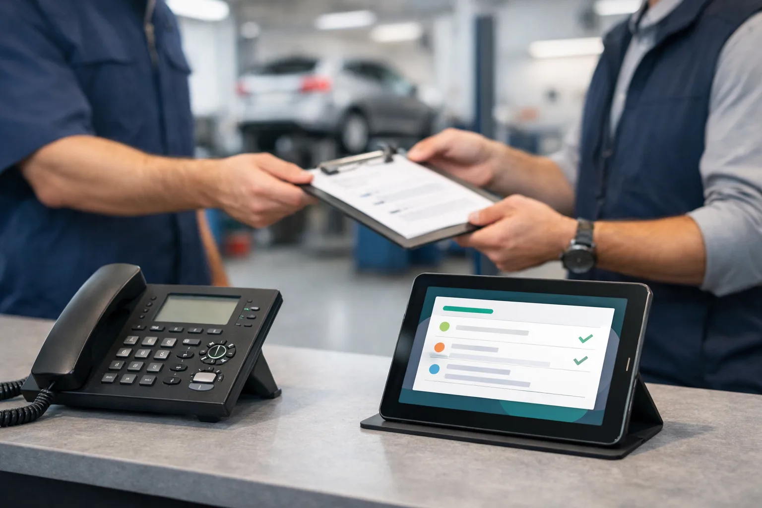 Serviceannahme in einer Werkstatt mit Telefon und abstrakter Rückrufnotiz